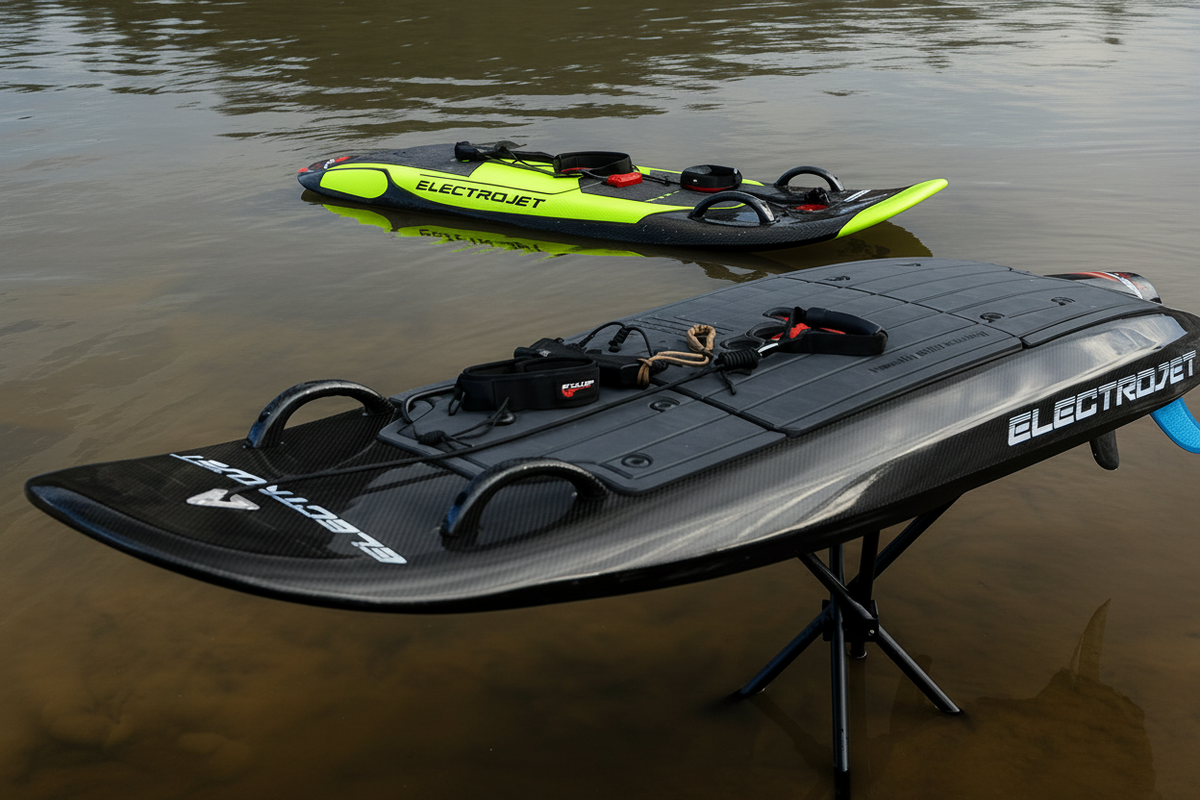 ElectroJet E-Surf electric jetboards beside the water